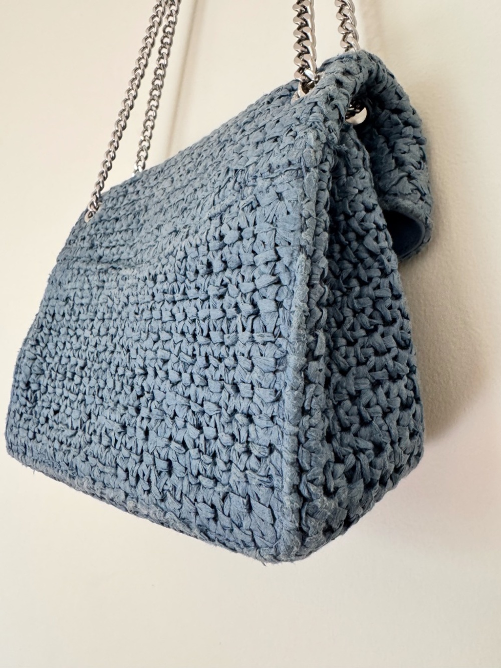 Sandro Raffia YZA Blue Woven Shoulder Bag with Chain Strap - Picture 11 of 14